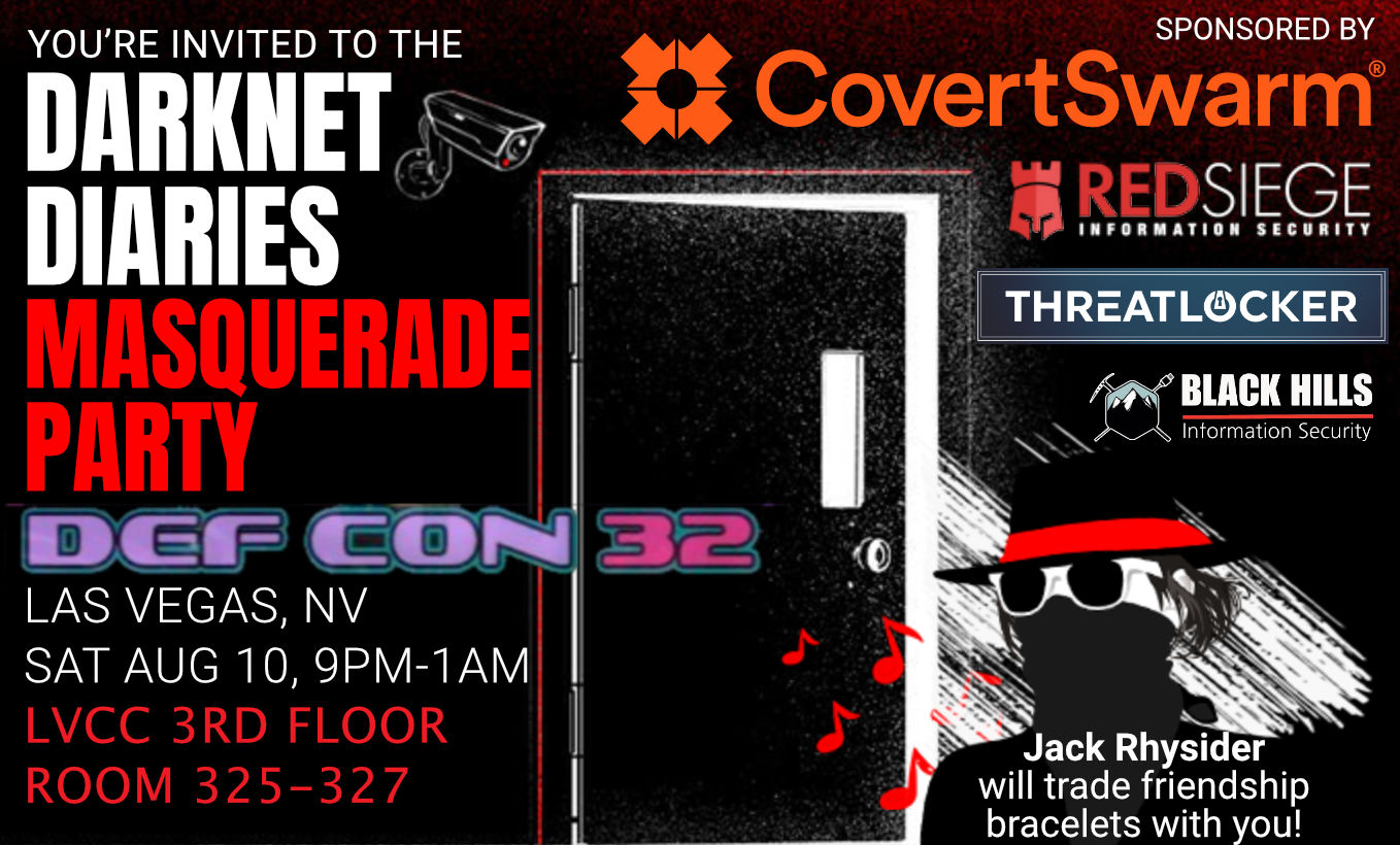 Stylized text saying Jack Rhysider Masquerade Party